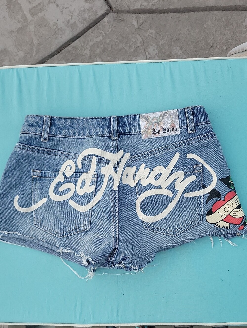Ed Hardy Light Blue Denim Cutoff Shorts with Script Logo